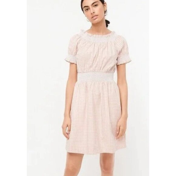 J. Crew Smocked Puff Sleeve Dress Women Medium Peach Gingham Milk Maid Peasant - Picture 1 of 13